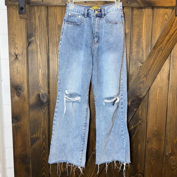 Sakepoche Denim - Sakepoche Distressed Destroyed Cropped Raw Hem Wide Leg Jeans